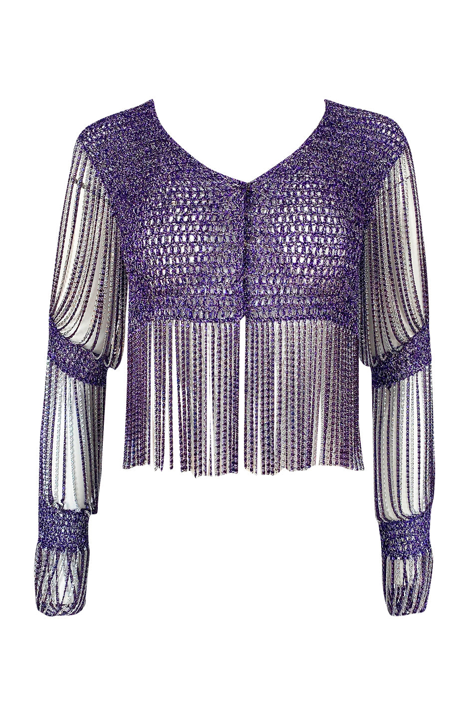 1971- 1973 Loris Azzaro Purple Metallic Lame Crochet Knit & Silver