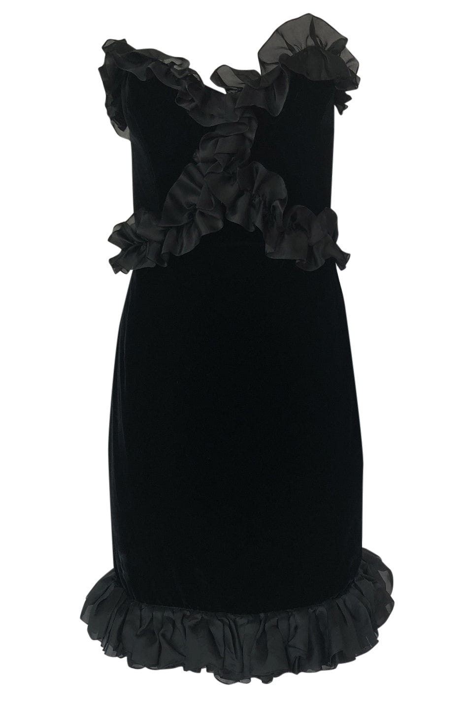 Vintage 1980s Yves Saint Laurent Dress in Black Velvet with Ruffles Size M
