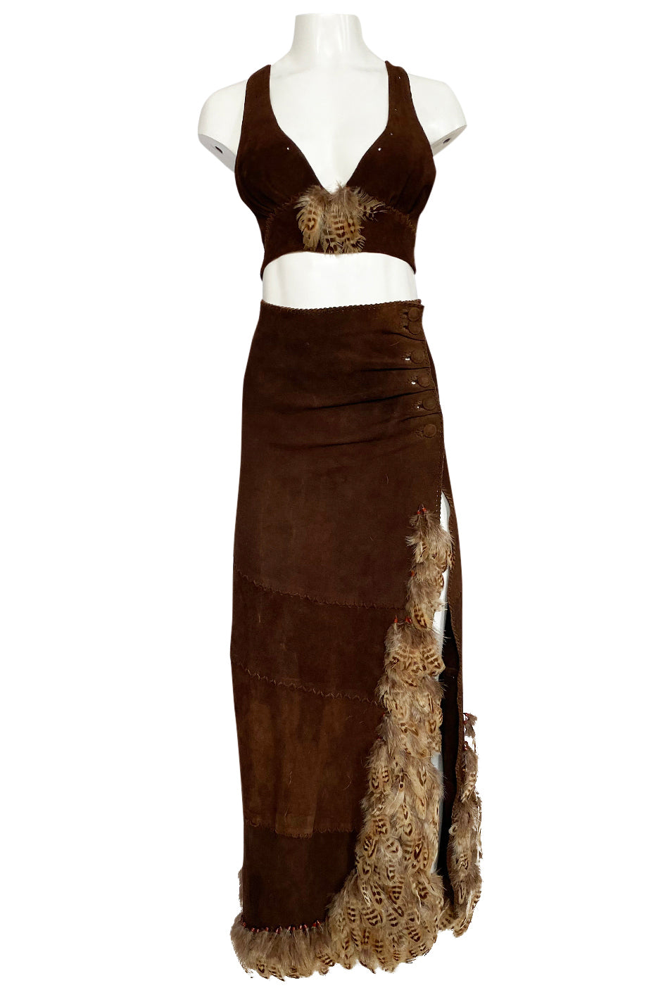 1960s North Beach Leather Suede & Feather Halter Top & Wrap Skirt Set –  Shrimpton Couture