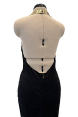 c.1973 Loris Azzaro Backless Black Jersey Dress w Gold & Black Sequin Flame Halter Top