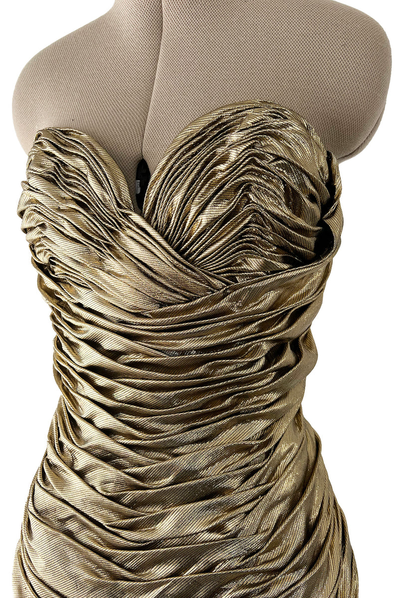 Outstanding 1984 Vicky Tiel Couture Metallic Gold Lame Gathered & Draped Strapless Dress