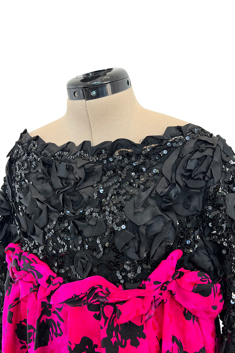 Dramatic Fall 1987 Yves Saint Laurent Runway Pink & Floral Silk Dress w Lace & Sequin Detail