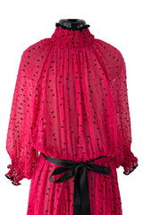 Recent Christian Dior Deep Pink Chiffon Dress w Black Dots & Gathered Neck