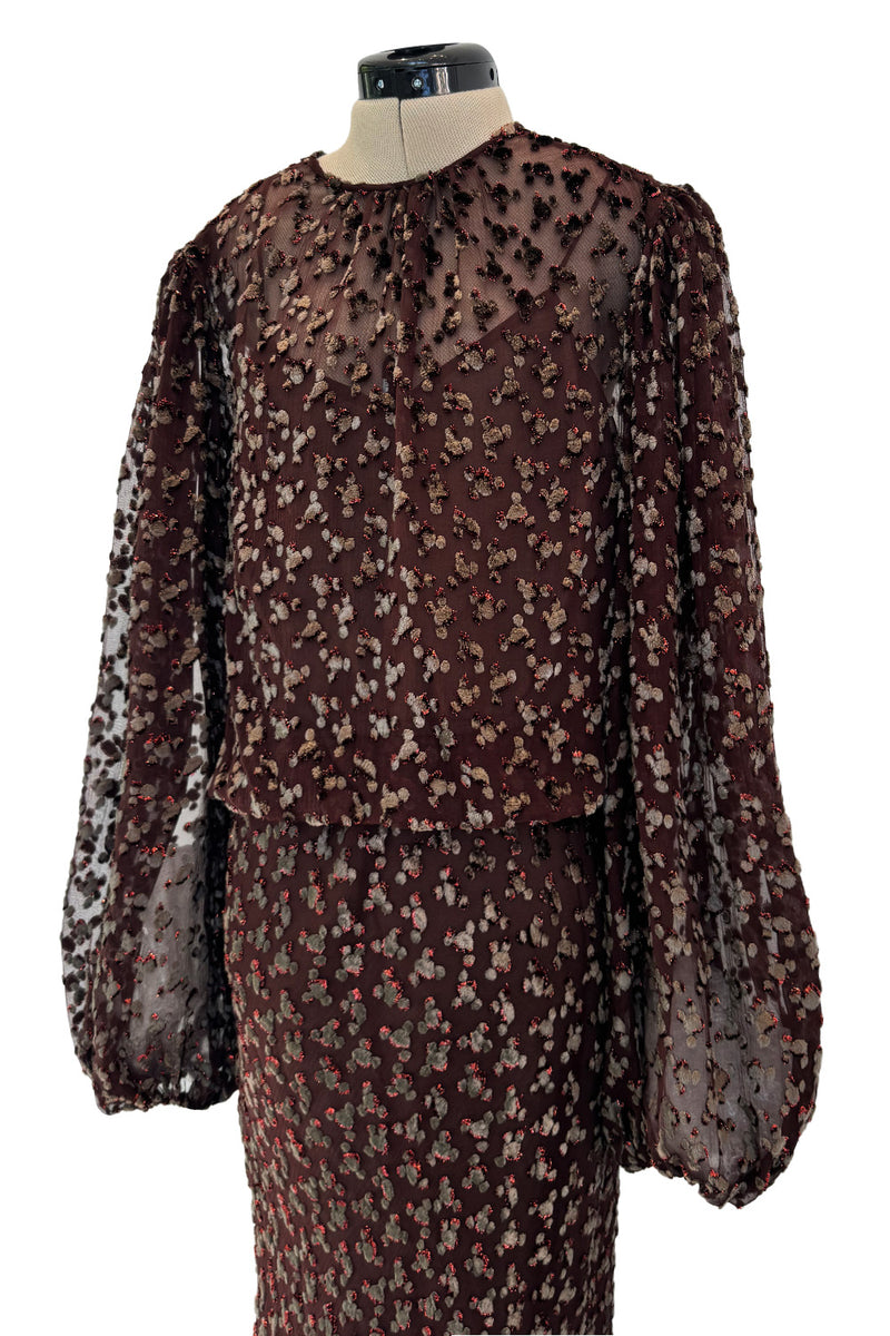 Beautiful 1980s Oscar de la Renta Metallic Fused Velvet on Silk Chiffon Dress w Balloon Sleeves