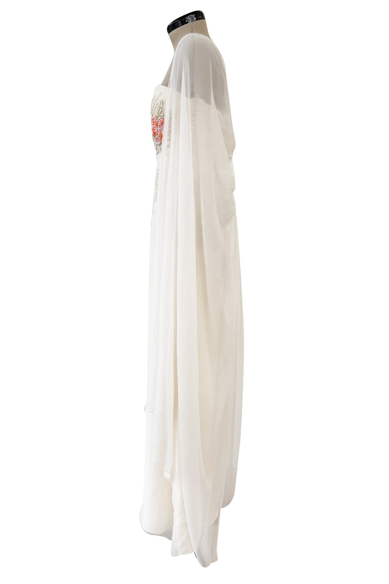 Exceptional Spring 2008 Christian Dior by John Galliano Ivory Silk Chiffon Dress w Floral Embroidery