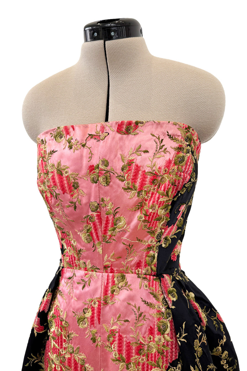 Dreamy 1960s Unlabeled Strapless Black Dress w Front Pink Panel &  Floral Embroidery