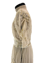 Beautiful 1910 Unlabeled Heirloom Ivory Net Wedding Dress w Elaborate Sequin & Bead Work