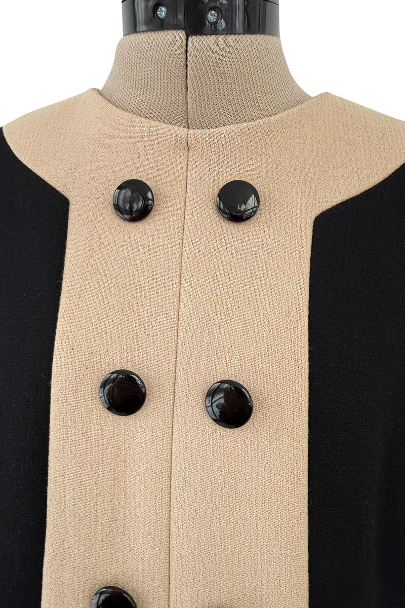 c. 1972 Pierre Cardin Black Wool Swing Dress w Taupe Inset & Glossy Black Buttons