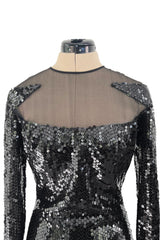 1973 Loris Azzaro Couture Black Sequin & Silk Chiffon Insets Dress w Pointed Hem