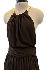 Fall 1975 Yves Saint Laurent Runway Brown Silk Jersey Backless Dress w Gold Leather Straps