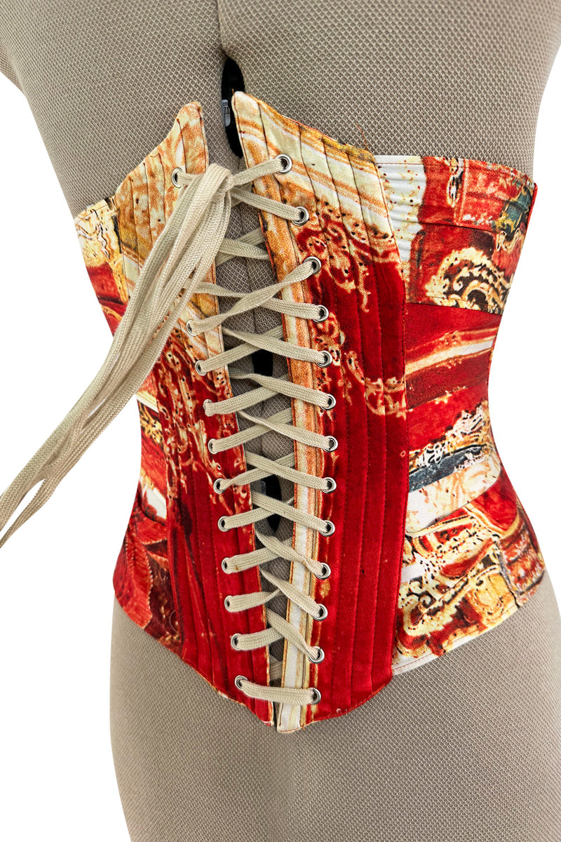 Amazing Spring 2003 Roberto Cavalli Printed Silk Lace Up Corset with Metal Stays & Hook Front