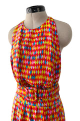 Chic 1990s Bill Blass Silk Multi Colour Print Halter Dress w Pleated Skirt & Belt