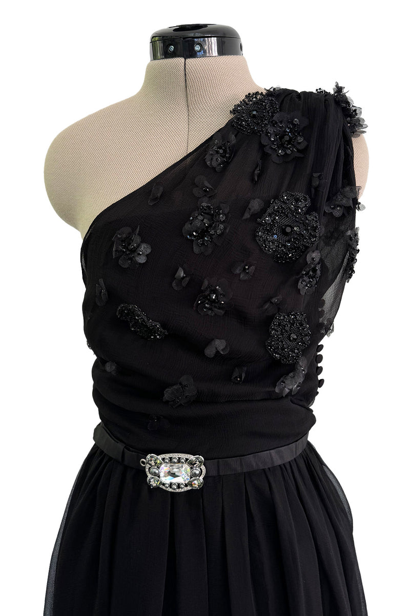 Cruise 2008 Christian Dior by John Galliano Embellished One Shoulder Black Silk Chiffon Dress