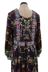 Amazing 1970s Valentina Inc. Elaborate Sequin & Bead on Printed Felt Dress