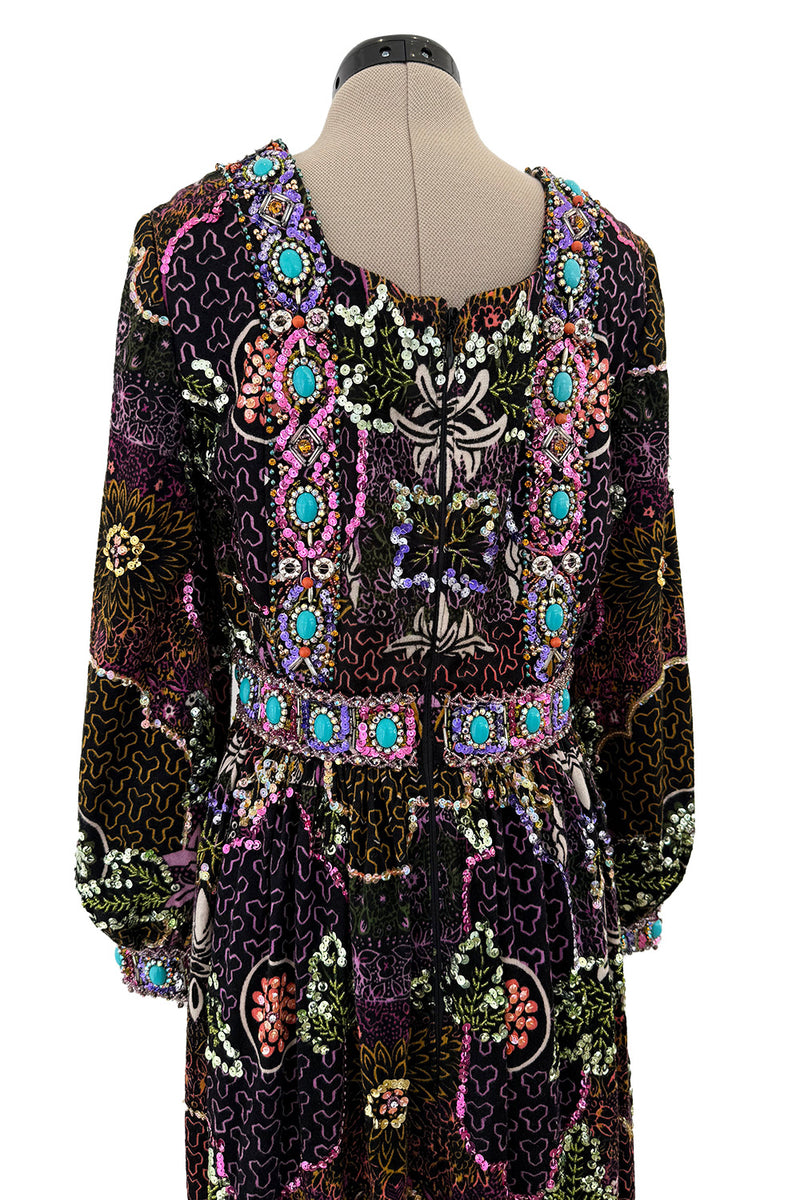 Amazing 1970s Valentina Inc. Elaborate Sequin & Bead on Printed Felt Dress