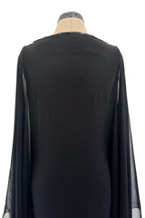 1990s Loris Azzaro Black Stretch Jersey Dress w Chiffon Angel Sleeves & Black Sequin Detailing