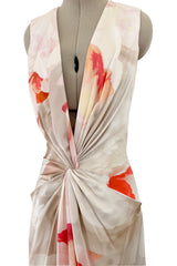 Beautiful 2010 Alexander McQueen Draped Silk Dress w Oversized Soft Floral Print & Deep Front Plunge