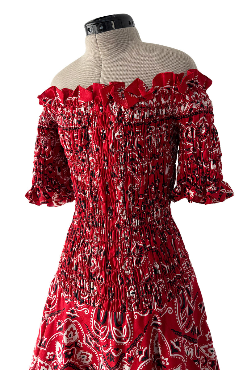 Amazing 1971 Oscar de la Renta Bandana Handkerchief Dress w Elastic Off Shoulder Bodice