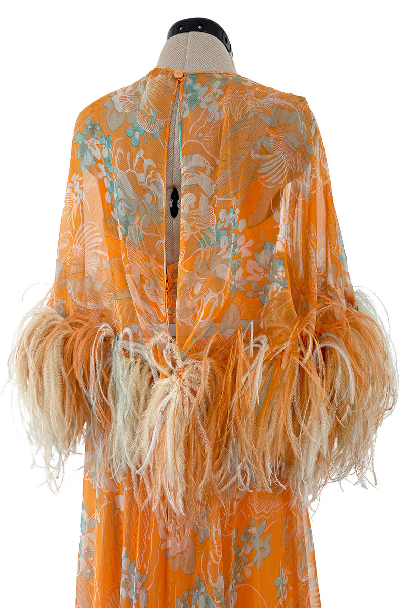 Exquisite 1960s Harry Algo printed Peach Silk Chiffon Dress w Feather Detailing