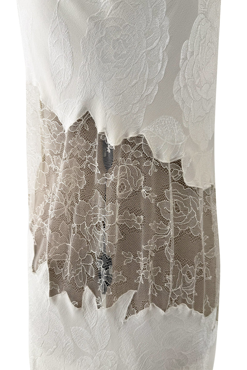 Prettiest 1990s Valentino Ivory Bias Cut Silk Lace Slip w Lace Inset & Floral Weave