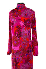 1972 La Mendola 'Paridiso' Peacock Feather Print Deep Pink Silk Jersey Dress