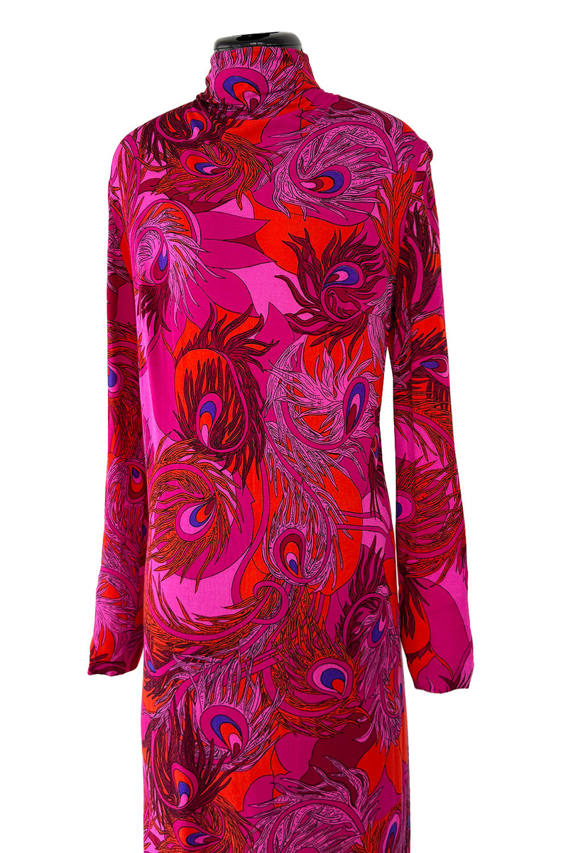 1972 La Mendola 'Paridiso' Peacock Feather Print Deep Pink Silk Jersey Dress