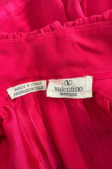 Prettiest 1970s Original Valentino Pink Silk Ruffle Top w Velvet Ties & Boxy Cut