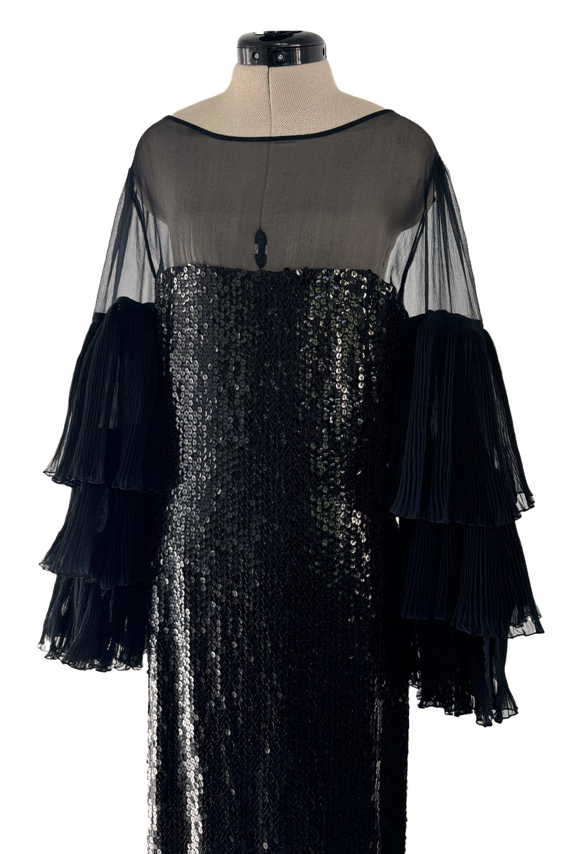 Killer 1980s Louis Feraud Black Sequin Dress w Amazing Tiered Silk Chiffon Sleeves