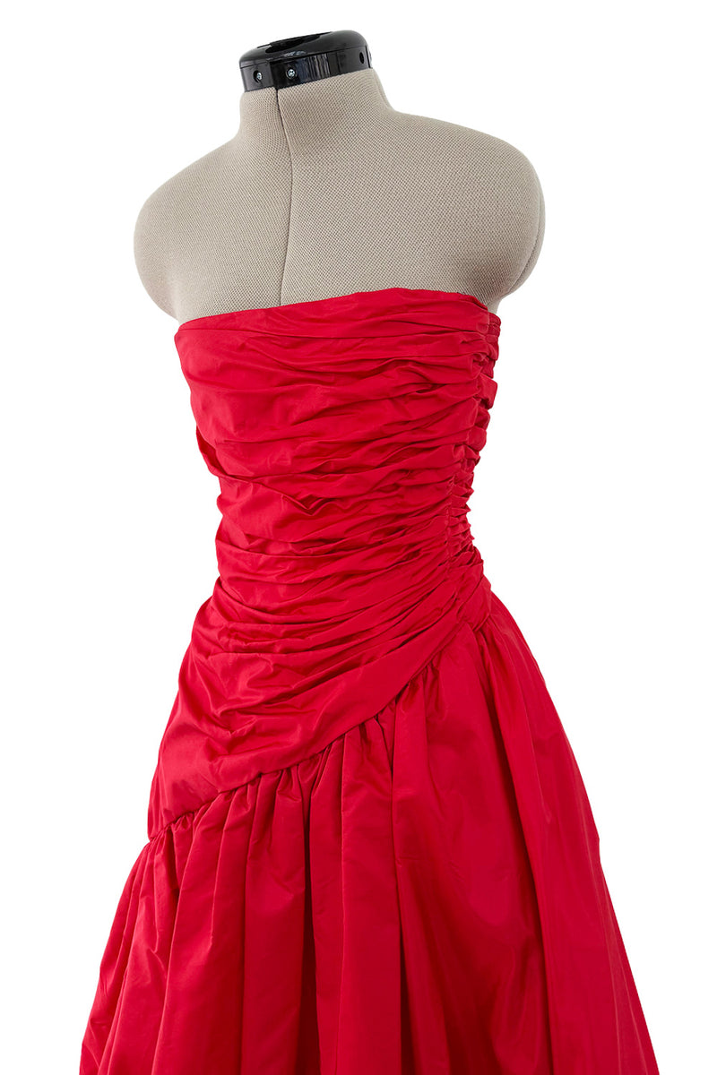 Late 1970s Unlabeled Strapless Red Silk Dress w Gathered Bodice & Full Skirt