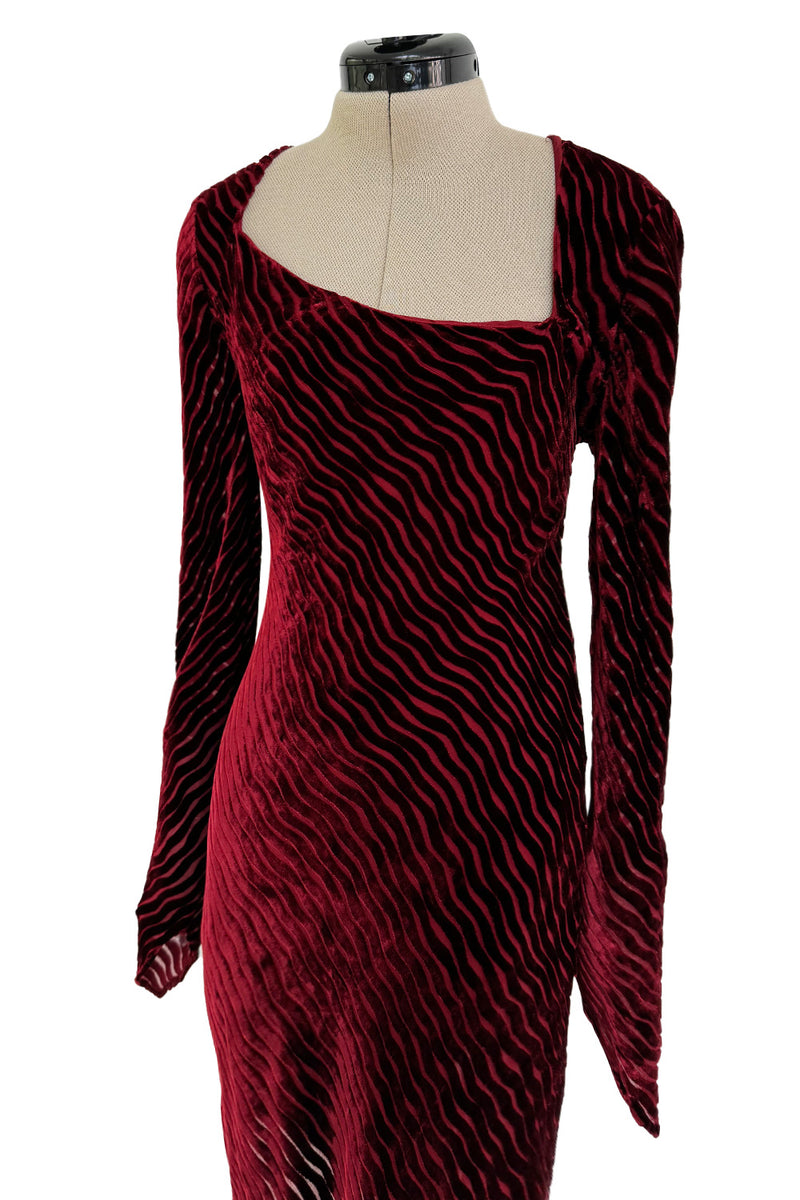 Fall 1994 Karl Lagerfeld Runway Deep Red Cut Velvet Bias Cut Dress w Angled Hem