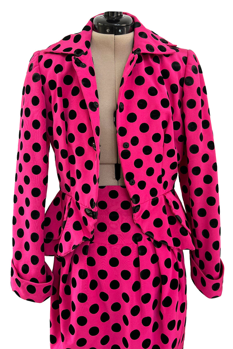 Rare 1988 Christian Lacroix Demi-Couture Luxe Pink & Black Dot Silk Suit