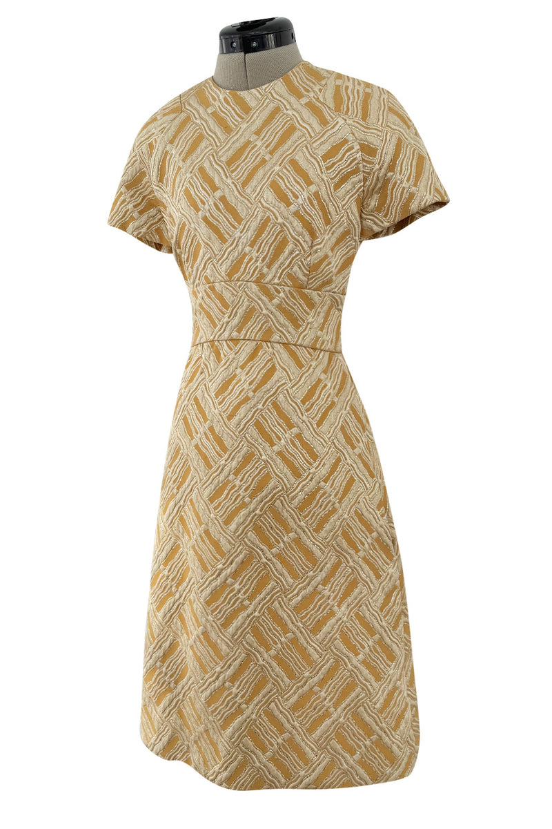 Chic 1960s Malcolm Starr by Elinor Simmons Gold Metallic Brocade Dress & Jacket Set