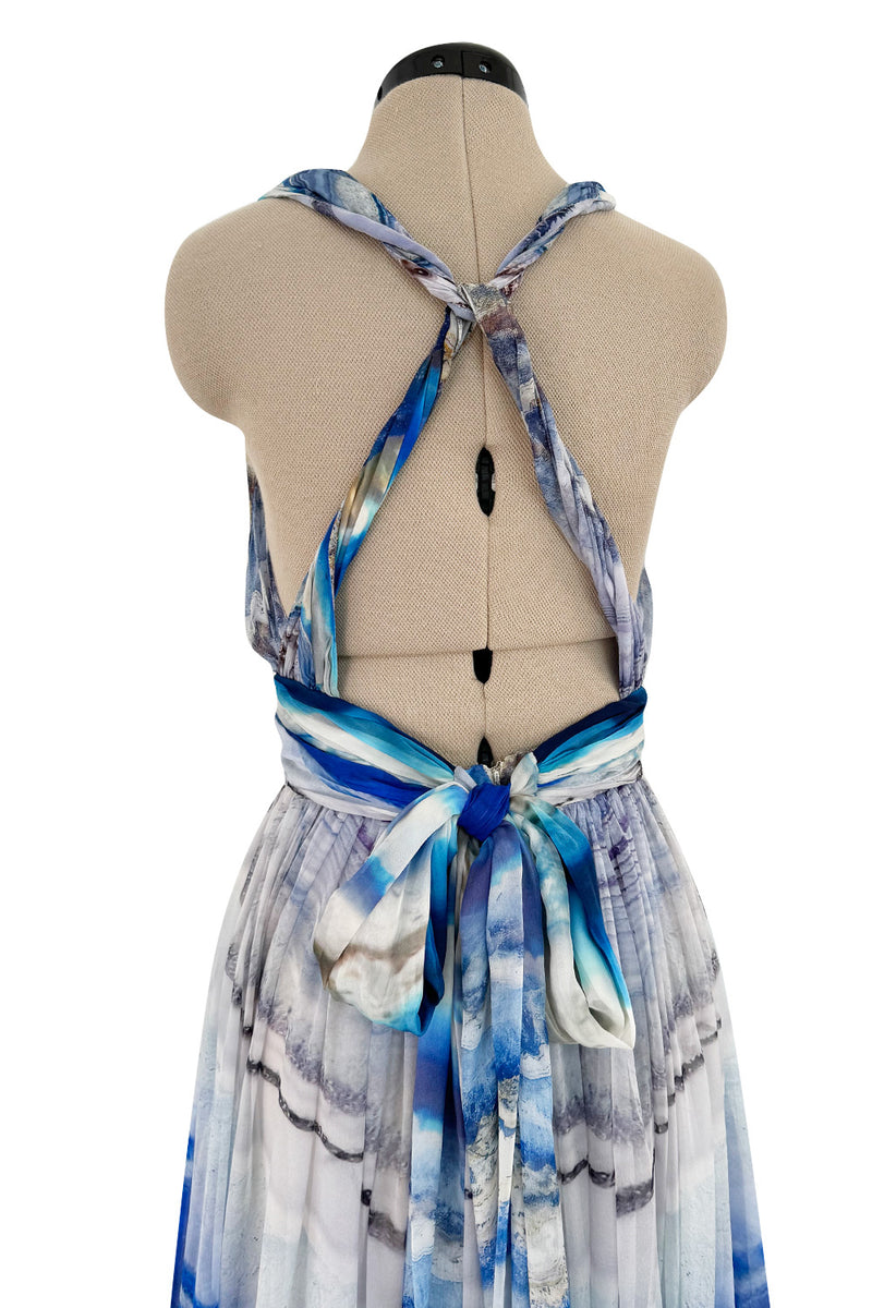 Amazing 2009-2010 Alexander McQueen Silk Chiffon Blue Agate Print Dress w Plunge Front & Open Back