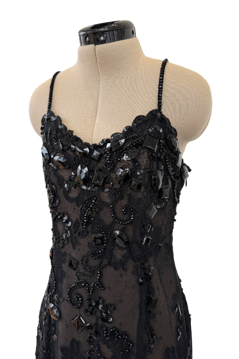 1970s Christian Dior by Marc Bohan Demi-Couture Elaborately Beaded Black Lace Net Dress