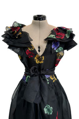 Prettiest 1960s Possible Christian Dior Floral Print Silk Organza Dress w Ruffled Shoulders