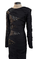 Amazing 1970s Loris Azzaro Black Sequin & Jersey Inset Dress w Low V Back