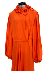 1970s James Galanos Couture Orange Silk Dress w Ruffle Neck & Balloon Sleeves