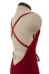 Fall 1999 John Galliano Deep Red Patterned Silk Bias Cut Backless Dress w Velvet Ribbon Details