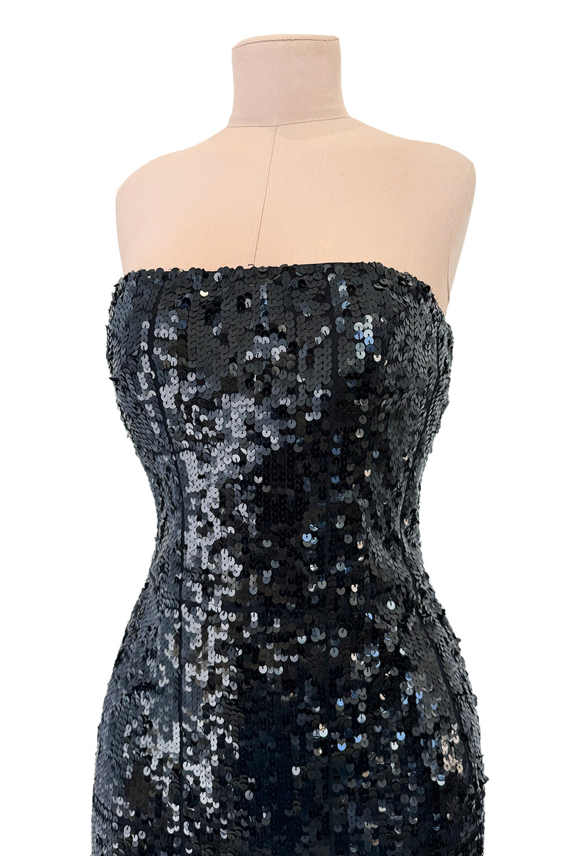 Incredible 1980s Bob Mackie Strapless Black Sequin Dress w Slight Train