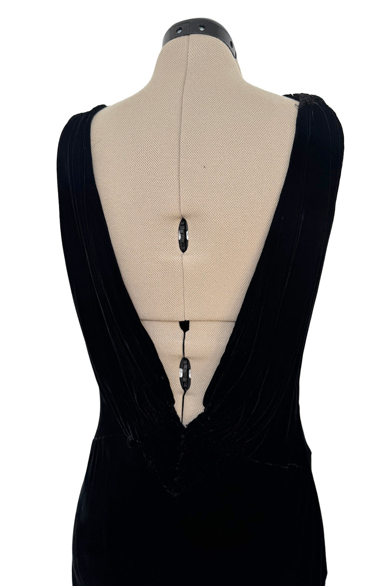 Unlabeled 1940s Black Bias Cut Silk Velvet Dress w Low Plunging Back