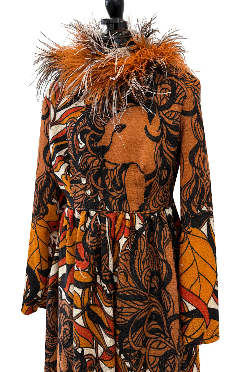 Early 1970s Bill Blass Couture Hand Beaded Lion Print Dress w Elaborate Feather Collar