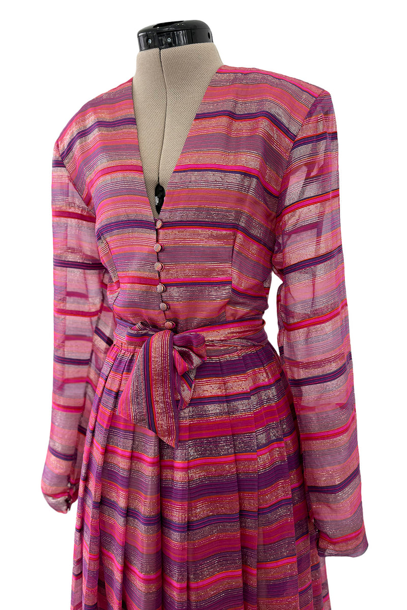 Prettiest 1980s Hanae Mori Pink Striped Silk Chiffon Dress w Metallic Gold Thread