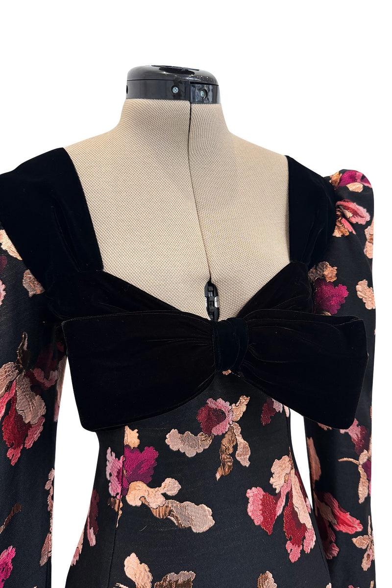 Stunning 1970s Givenchy Floral Silk Brocade Dress w Velvet Bodice & Bow