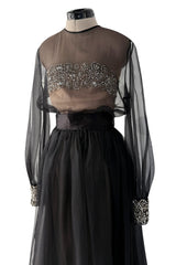 Dreamy 1960s Roger Freres Black Silk Organza Dress w Rhinestone Detailing