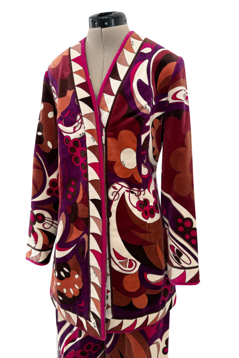 1960s Emilio Pucci Velvet Pink Purple & Brown Print Jacket & Flare Pant Suit Set