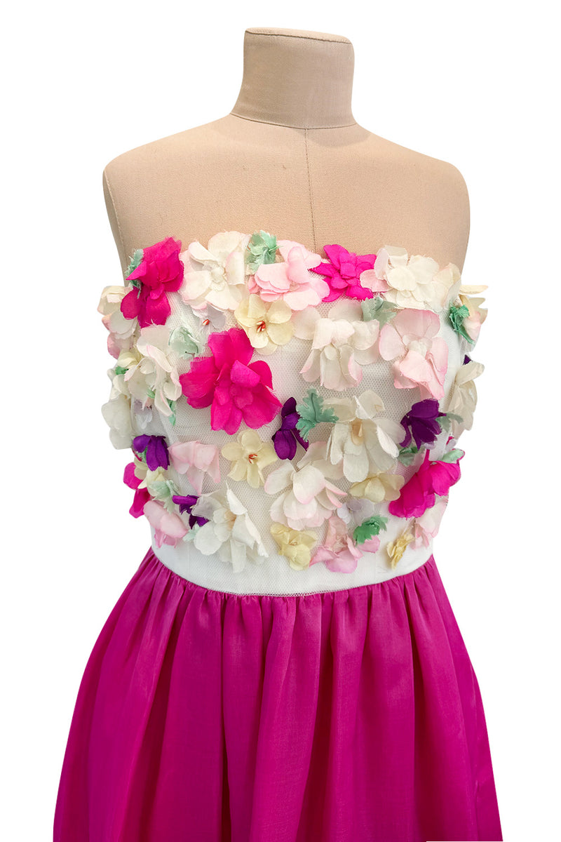 Dreamy 1982 Givenchy Strapless Silk Dress w Floral Appliques & Brilliant Full Pink Skirt