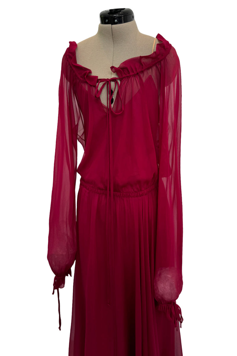 Gorgeous c1974 Halston Silk Chiffon Deep Red Dress w Inner Slip Dress & Full Sleeves