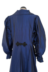 1980s Oscar de la Renta Iridescent Silk Taffeta Blue Coat or Dress w beaded Frog Knots