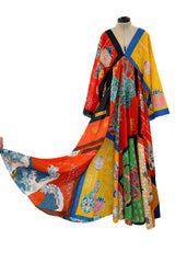 Iconic 1972 LaVetta Multi Scarf Printed Silk Caftan Dress w Wide Sleeves