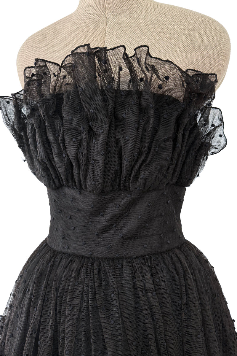 Prettiest 1960s Arnold Scaasi Black Strapless Dotted Net Dress w Flower Appliques